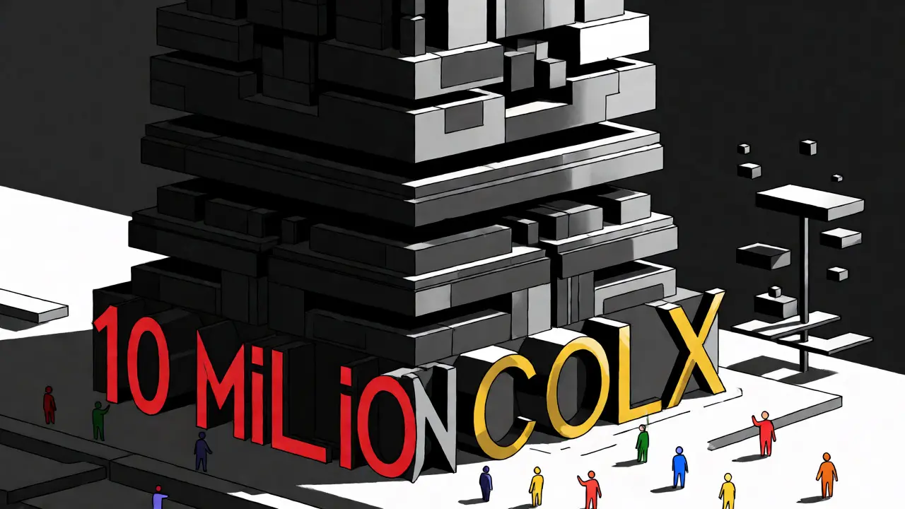 Monumental geometric tower representing high-cost masternodes with tiny figures at the base.
