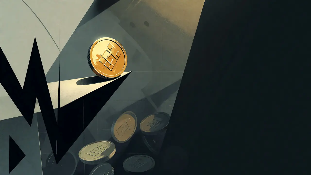 Small golden coin balancing on the edge of a jagged dark abyss
