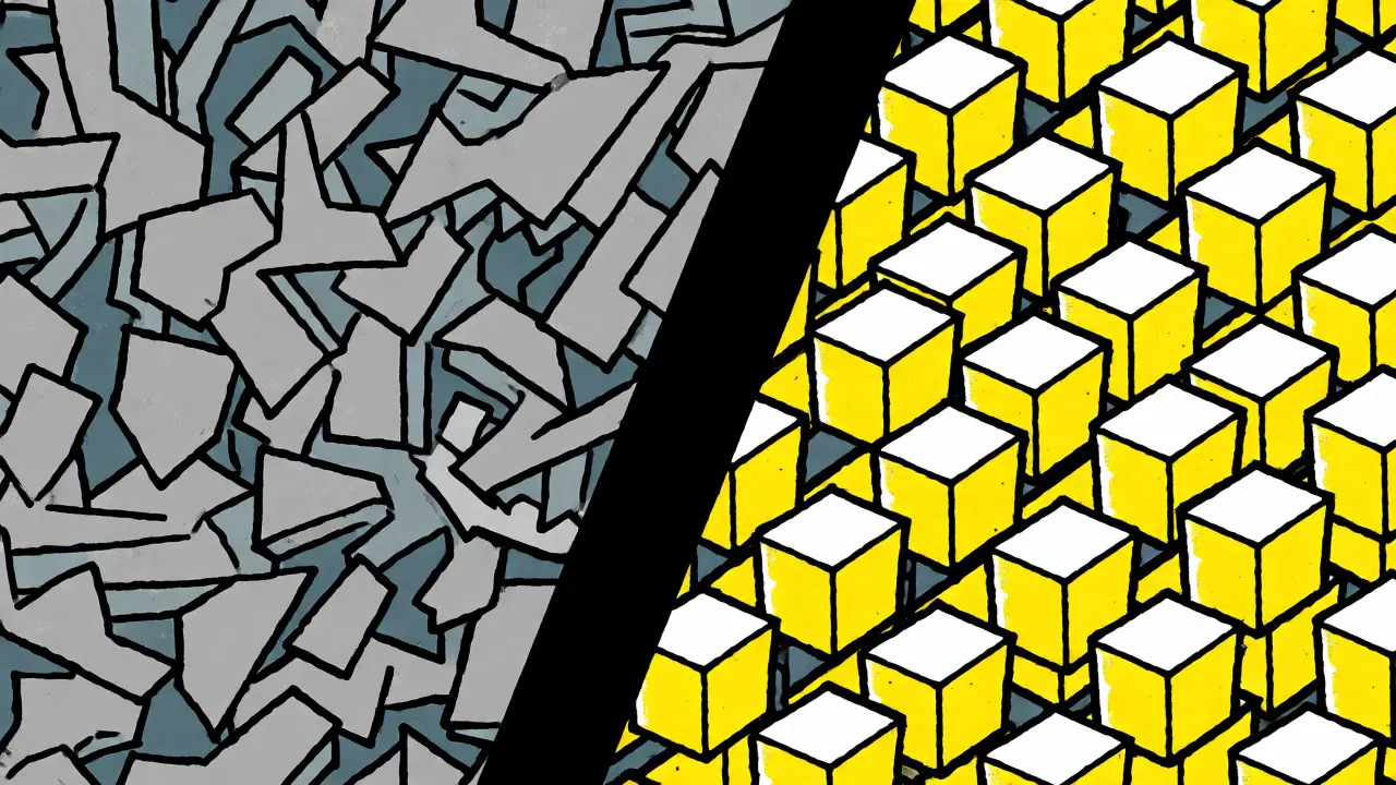 Split composition contrasting chaotic gray fragments with a solid yellow block grid.
