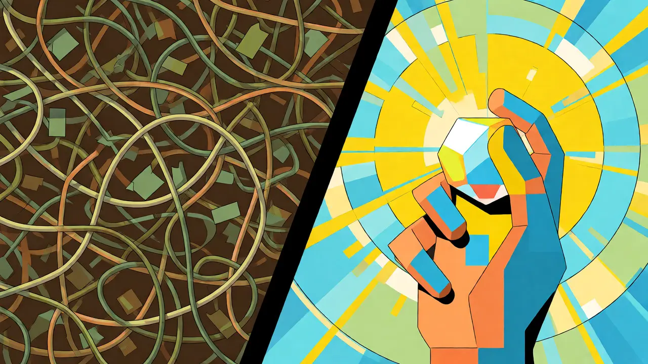 Split scene contrasting chaotic wires with ordered geometric NFT holding.