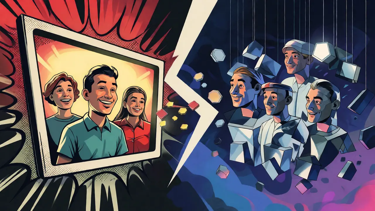 Split scene contrasting comic nostalgia with abstract crypto investment risks