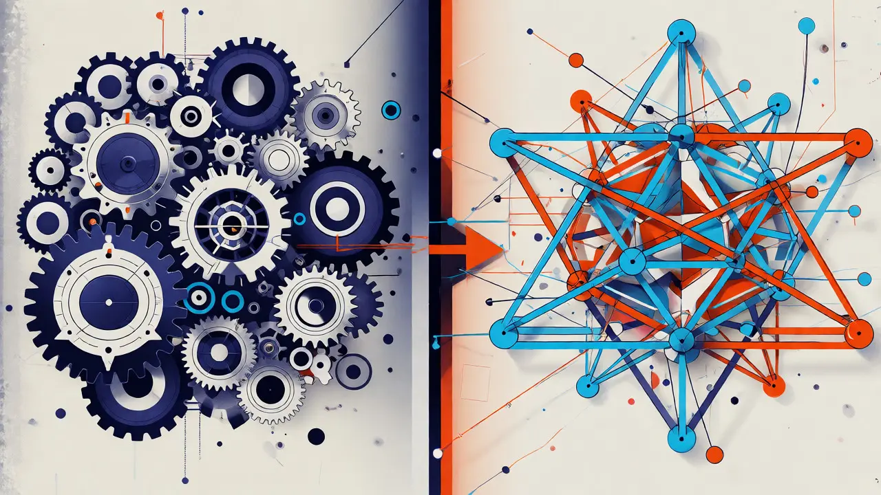 Split-screen constructivist art comparing complex SNARK mechanics with transparent STARK structures.