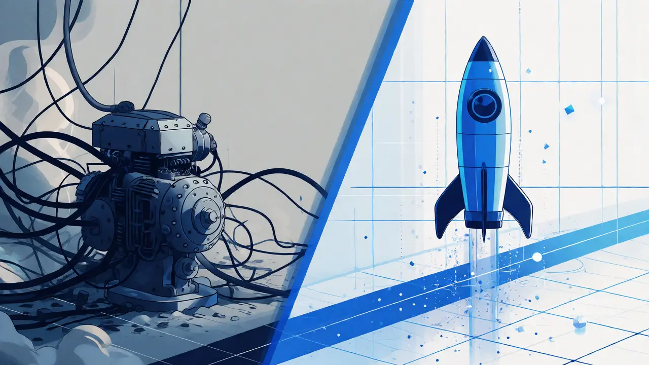 Streamlined rocket ascending past a stalled engine comparing Bluefin's speed to legacy exchanges