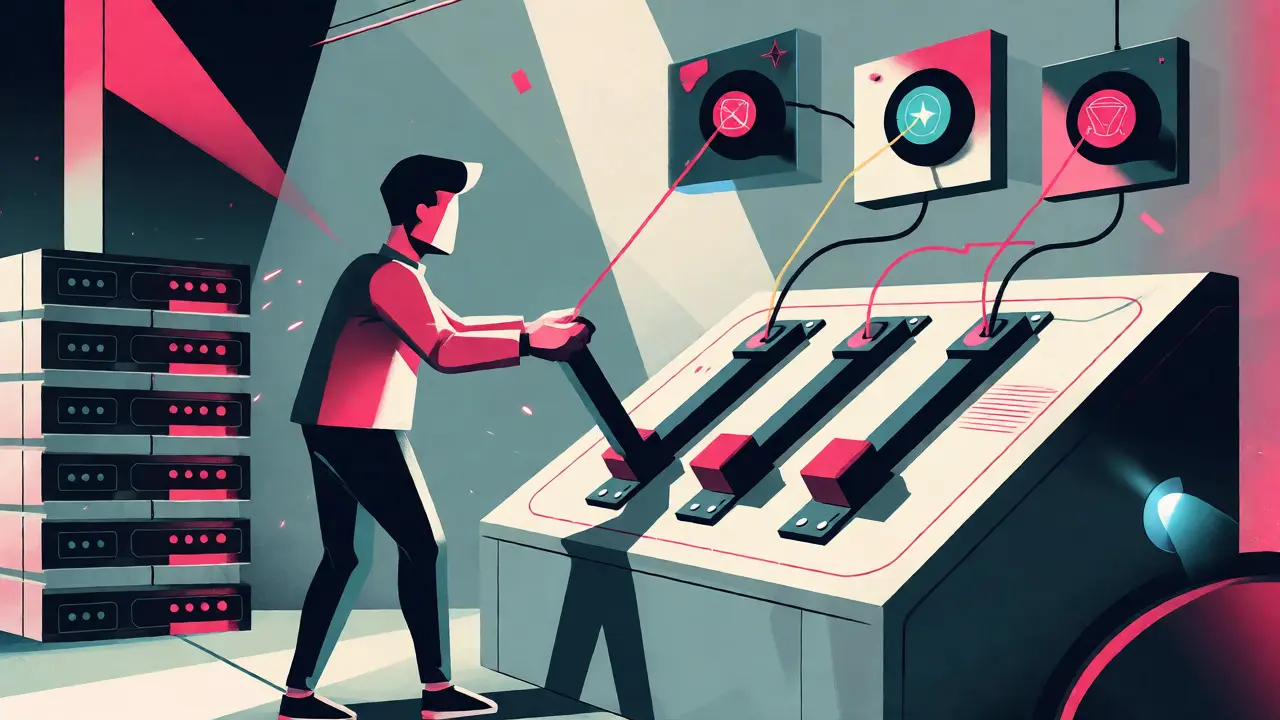 Stylized figure operating a geometric control panel for token launches