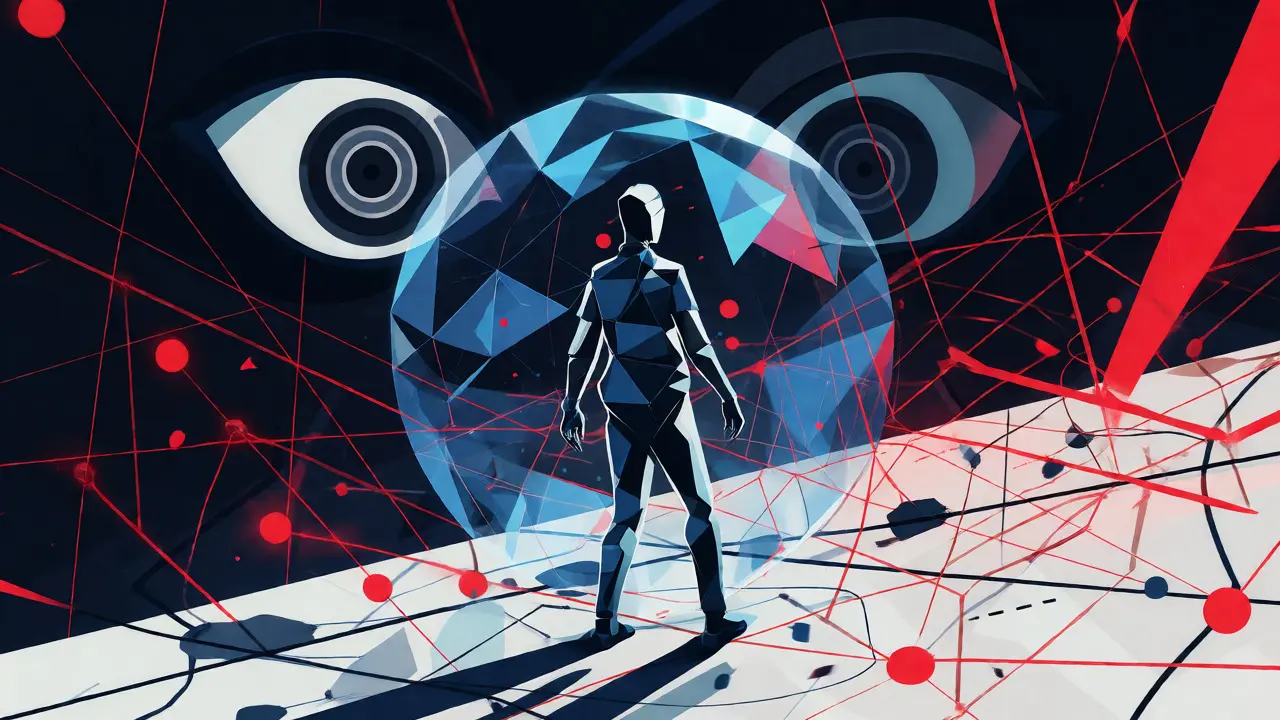 Stylized figure protected by geometric privacy shield against surveillance eyes