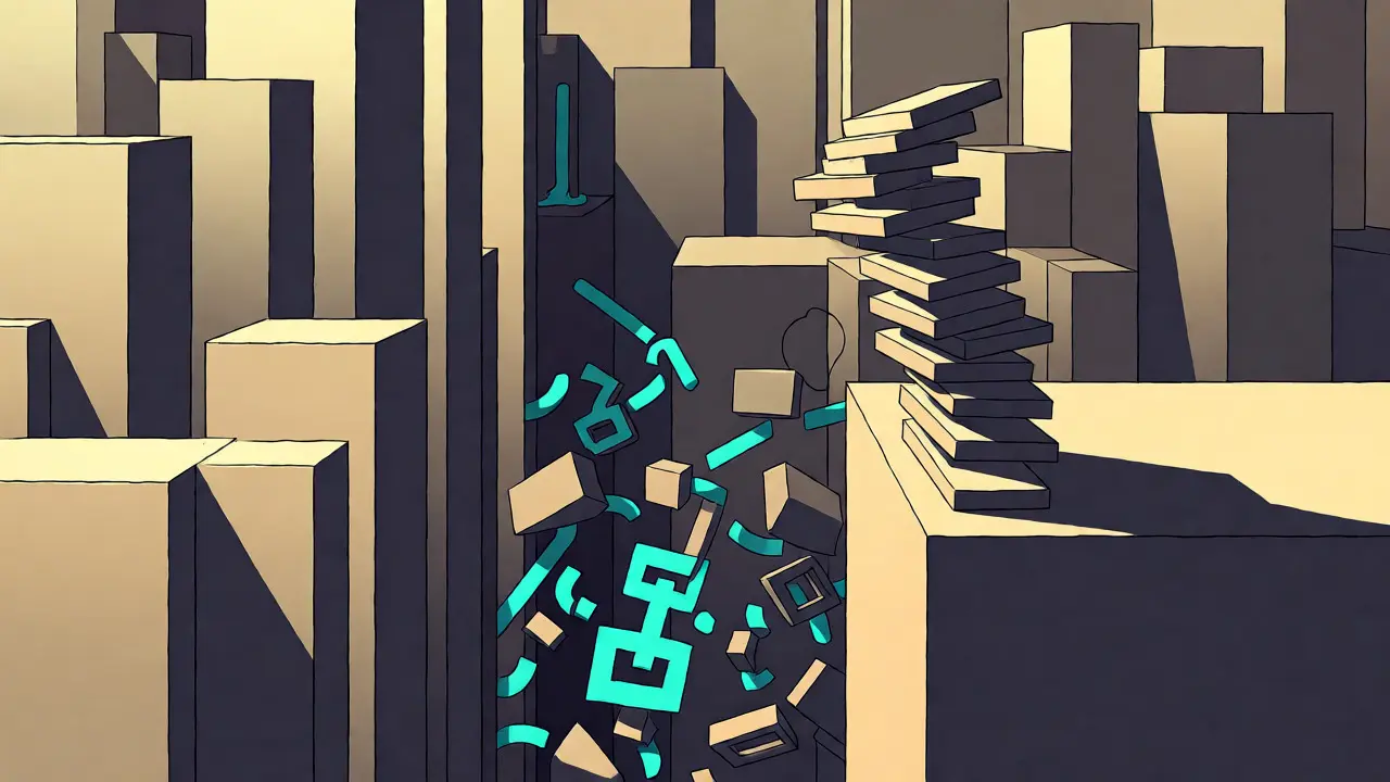 Stylized graphic comparing a stable monolith against a teetering stack of blocks.