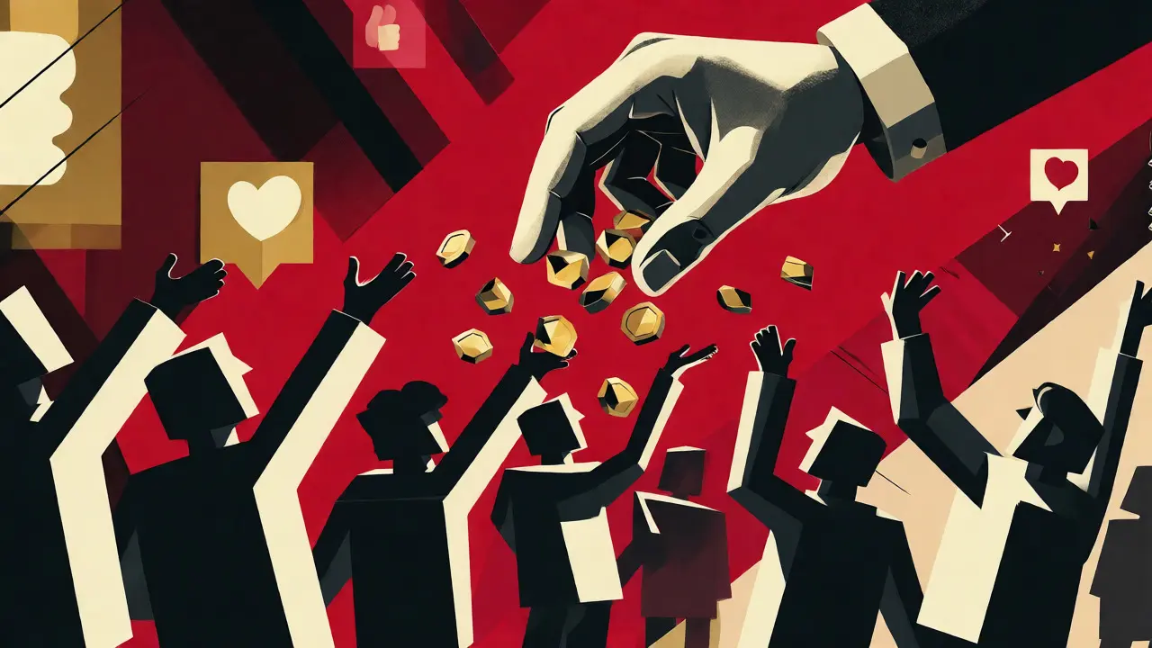 Stylized graphic showing tokens being distributed to a crowd of abstract figures.