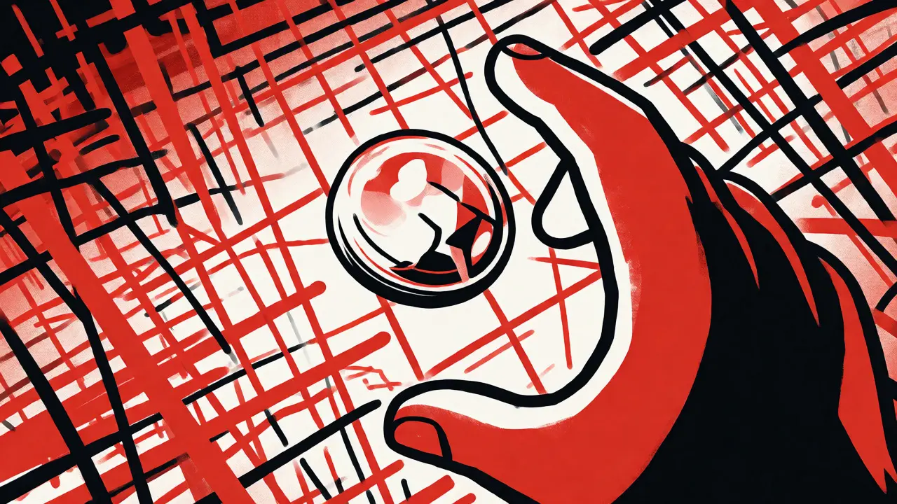 Stylized hand reaching for a cracked token amidst a red and black geometric web.