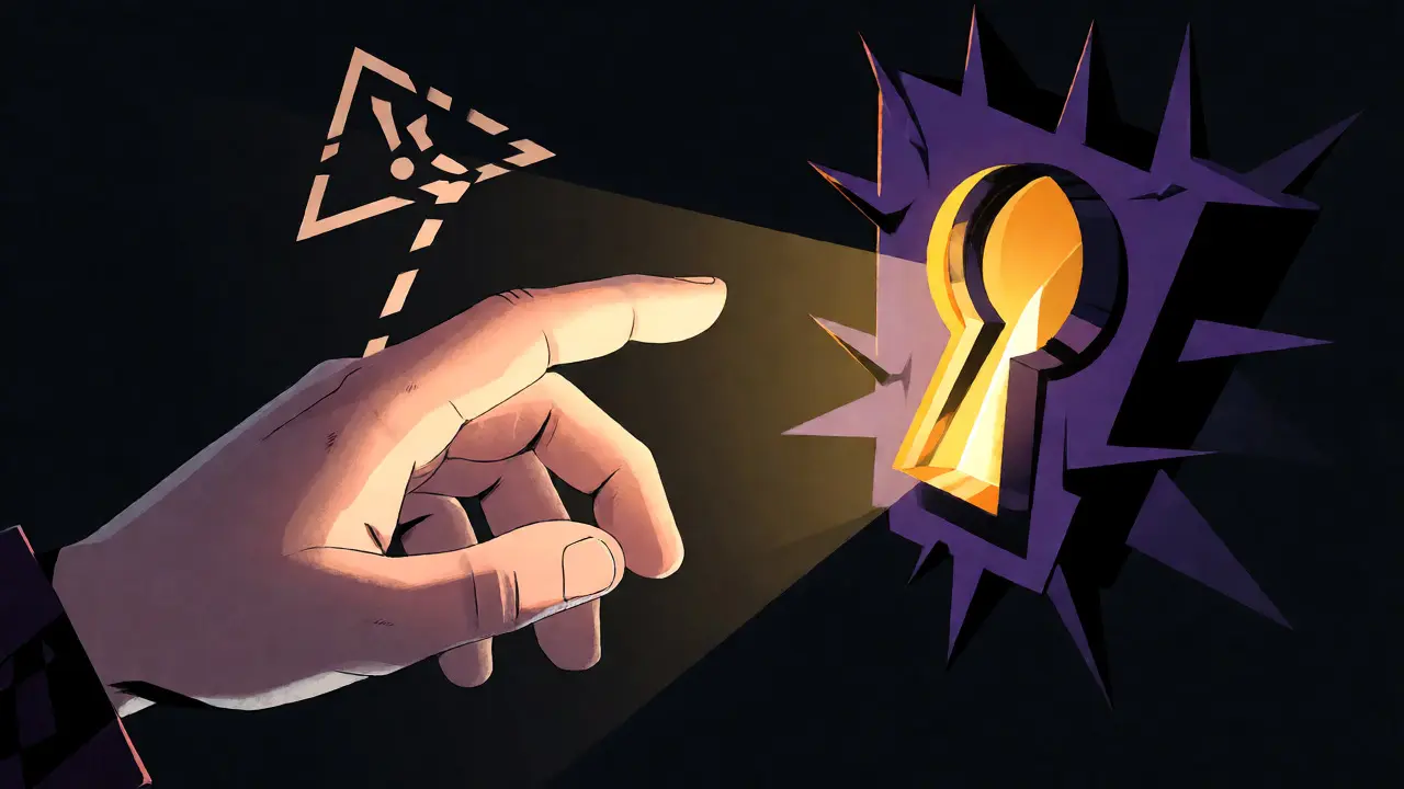 Stylized hand reaching for a glowing keyhole trapped in sharp geometric warning shapes.