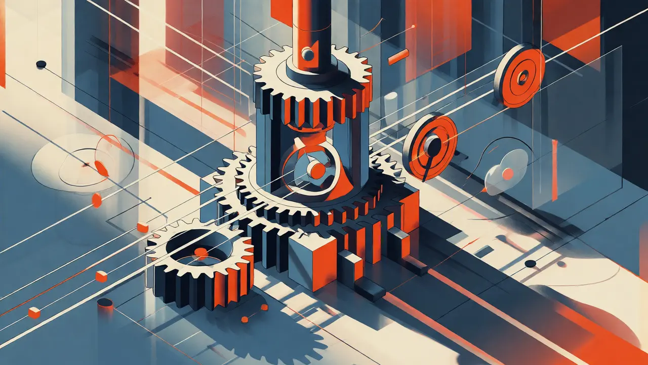 Stylized mechanical oracle structure verifying data streams in a constructivist art style.