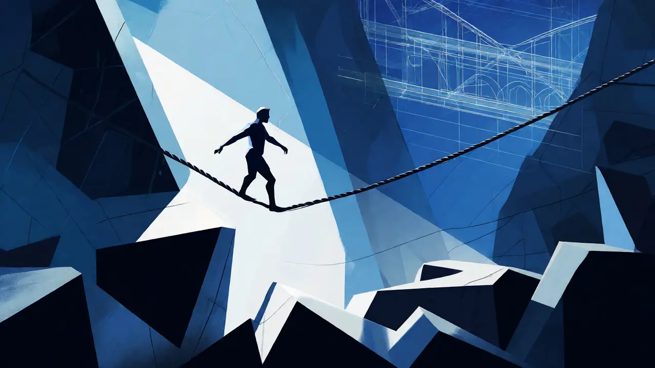 Tightrope walker balancing over chasm with distant blueprint bridge