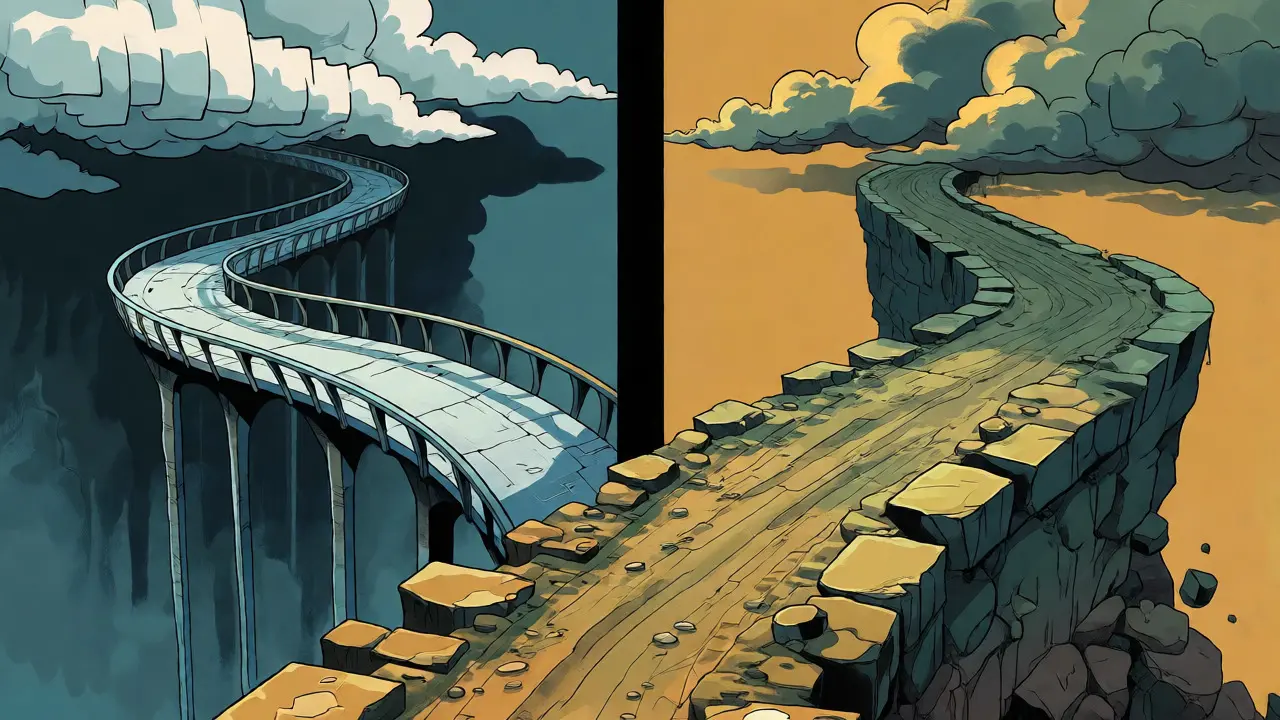 Two diverging paths over an abyss representing different crypto liquidity risks
